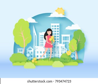 3d abstract paper cut illustration of colorful landscape with girl holding flowers, big city, trees and sky.