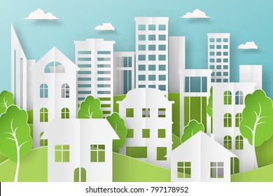 3d abstract paper cut illustration of colorful paper art landscape with big city, sun and sky. Vector design template