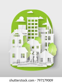 3d abstract paper cut illustration of colorful landscape with couple, big city, sun and sky. Vector design template