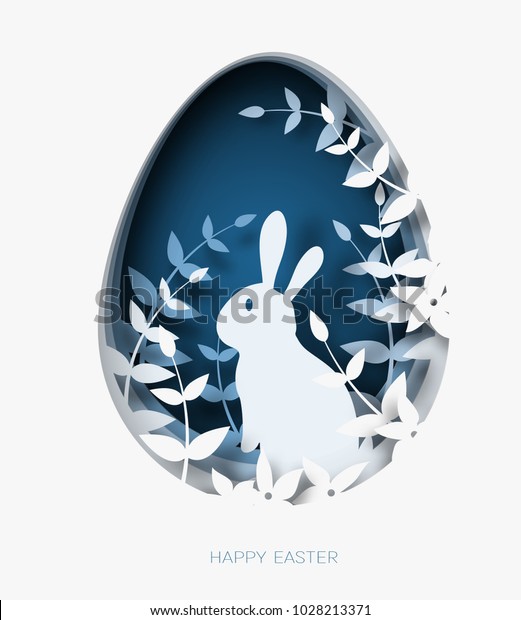 3dの抽象的な紙切りイラストで カラフルなイースターウサギ 草 花 青い卵の形を描いた ハッピーイースターグリーティングカードテンプレート のベクター画像素材 ロイヤリティフリー