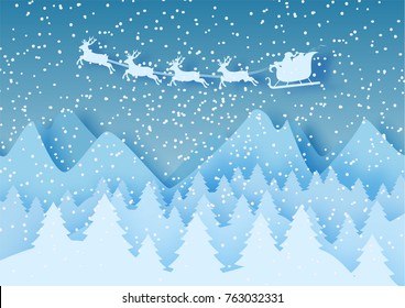 3d abstract pastel paper cut illustration of winter landscape with clouds, pines, mountains and santa claus flying. Vector colorful template greeting card in carving art style. Eps10.