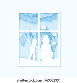 3d abstract pastel paper cut illustration of view of the window boy building snowman. Vector colorful template greeting card in carving art style. Eps10.