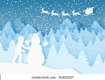 3d abstract pastel paper cut illustration of view boy building snowman and santa claus flying in the sky. Vector colorful template greeting card in carving art style. Eps10.