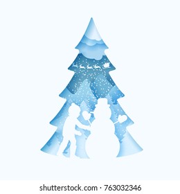 3d abstract pastel paper cut illustration of boy building snowman. Vector colorful template greeting card in carving art style. Eps10.