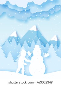 3d abstract pastel paper cut illustration of boy building snowman. Vector colorful template greeting card in carving art style. Eps10.