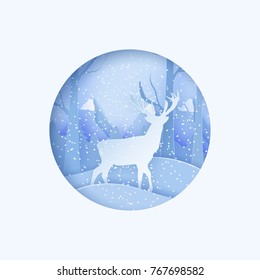 3d abstract pastel paper cut illustration of snow and deer in the forest. Vector colorful template greeting card in carving art style. Eps10.