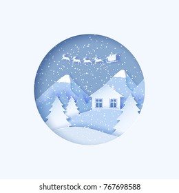 3d abstract pastel paper cut illustration of winter landscape with pines, mountains, house and santa claus flying. Vector colorful template greeting card in carving art style. Eps10.