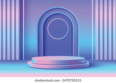 3d abstract pink blue hologram podium background. Cosmetic product display cylinder stage with soft holographic gradient. Premium beauty showcase in bright realistic iridescent modern studio with arch