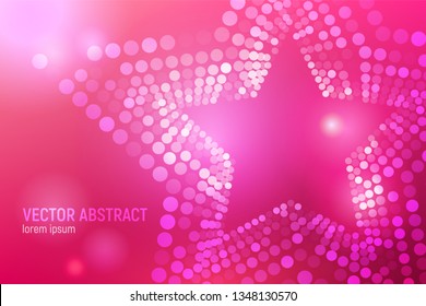 3D abstract pink mesh star background with circles, lens flares and glowing reflections. Vector illustration.
