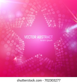 3D abstract pink mesh star background with circles, lens flares and glowing reflections. Vector illustration.