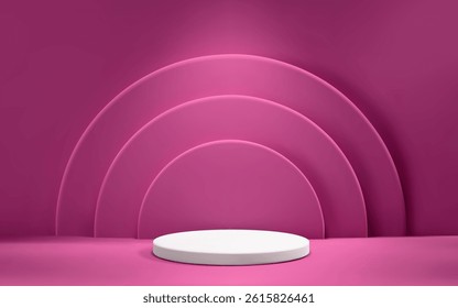 3D abstract pink scene background with podium and spotlight. Empty realistic room with platform. Product presentation template.
