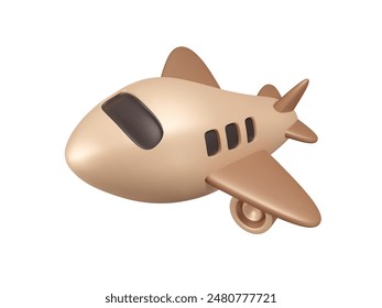 3d abstract plane. Airplane toy in golden color. Vector cartoon illustration. Brown air transport element.