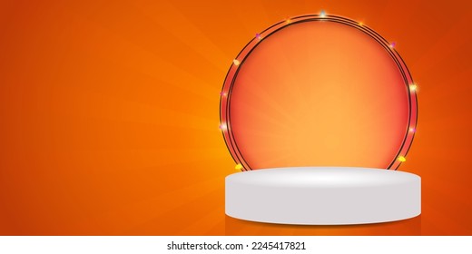 3D Abstract podium minimal background with colorful light round garland frame and light rays background stage. perfect for showing product and promotion. 3d vector