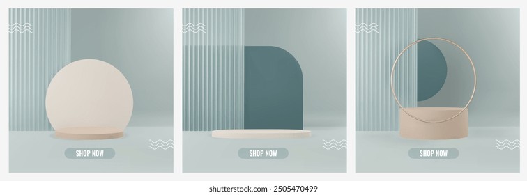 3D abstract podium set. Elegant product platform with reeded translucent glass. Vector background for promotion and sales. Realistic minimal scene in grounding hues. Mockup product display