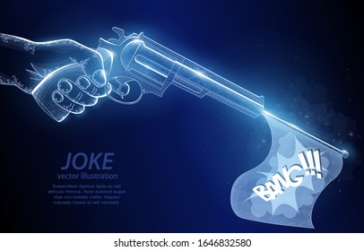 Ilustración poligonal abstracta 3D, pistola de mano y juguete y la inscripción, en un fondo azul profundo. Simboliza una broma.