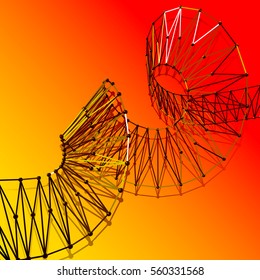 3d abstract polygonal  metallic  spiral on orange  background. Helical background.