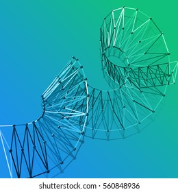 3d abstract polygonal spiral on blue green background. Helical background.