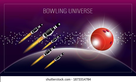 3d abstract poster with the inscription bowling universe. Flying skittles with fiery jets. Luminous ball in the form of a radiant star against the background of outer nebula space. EPS10