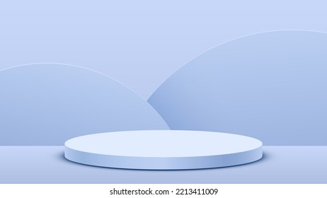 3d abstract product display podium scene with shape geometric background. Blue minimal wall scene platform with cylinder pedestal. Vector 3d rendering shape for product stage showcase or presentation