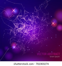 3D abstract purple mesh background with lines, lens flares and glowing reflections. Vector illustration.