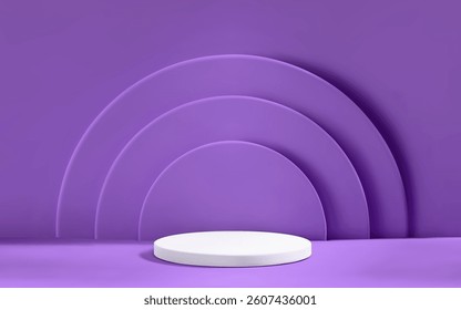 3D abstract purple scene background with podium and spotlight. Empty realistic room with platform. Product presentation template.