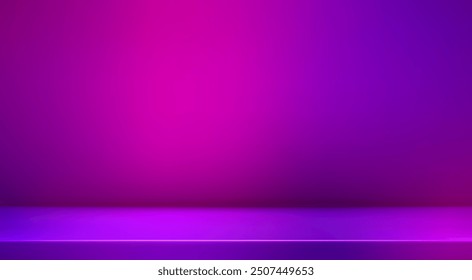 3d abstract purple studio room background. Two tone gradient empty wall backdrop. Violet back ground mockup product presentation. Hologram empty scene platform. Promotion display. Vector illustration