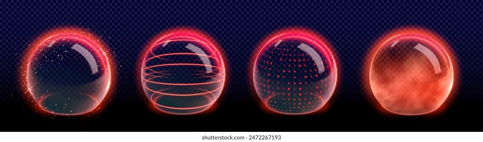 3d abstract red protect shield sphere with energy barrier. Magic dome shape with glitter effect. Futuristic game graphic set. Glass data globe glow with light reflection and cloud powder vapour