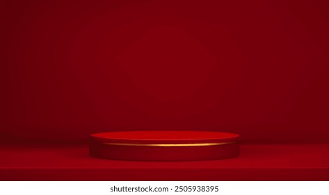 3d abstract red studio room background. Maroon empty wall red podium backdrop. Product minimal mockup. Scene product presentation chinese design. Vector illustration for Xmas, New Year, holiday design