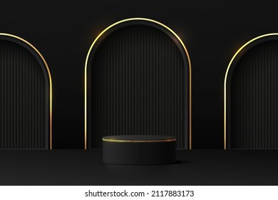 3D abstract room and realistic black cylinder pedestal podium with luxury gold arch shape window scene. Minimal scene for product display presentation. Vector geometric platform. Stage for showcase. 