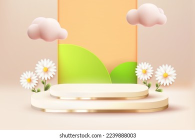 3d abstract scene background  podium product presentation mock up show with curtain and nature background