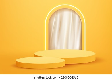 3d abstract scene background two yellow podium product presentation mock up show with soft curtain