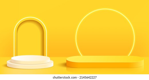 3d abstract scene background white and yellow podium on yellow background product presentation mock up show