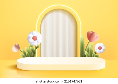 3d abstract scene background white podium yellow curtain background product presentation mock up show
