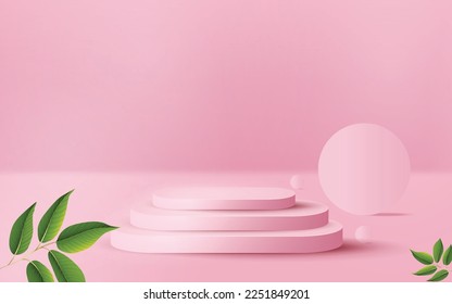 3d abstract scene long pink pastel podium product presentation mock up show with leaves