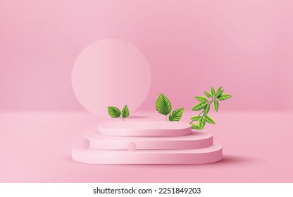 3d abstract scene long pink pastel podium product presentation mock up show with leaves