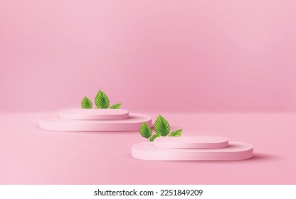 3.ª escena abstracta de la presentación de productos de podio rosa pastel largo simulación de show con hojas
