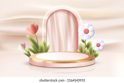 3d escena abstracta renderizada lujosa escaparate de podio vector 3d con fondo abstracto adorable floral ondulada rosa