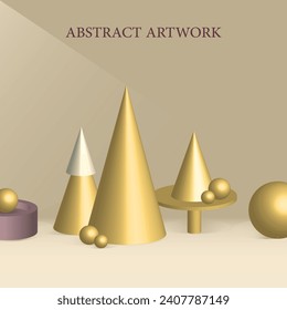 3d formas abstractas. Formas 3d doradas y plateadas. Obra de arte de conos y círculos 3d.
