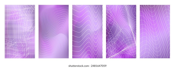 Fondos de degradado púrpura borroso Abstractas 3D en estilo y2k.  Afiches aislados Cyberpunk con rejillas distorsionadas. Ilustración vectorial sobre fondo blanco