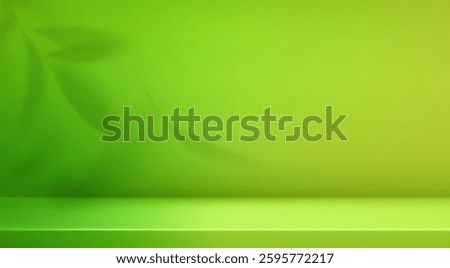 3d abstract spring green studio room background. Green yellow gradient limbo backdrop. Leaves shadow on wall and floor. Product minimal interior mockup. Scene product presentation. Vector illustration
