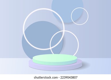 3D abstract studio with a podium on a pedestal. A pastel blue geometric platform with a circular background overlap. A modern minimalistic stage for the demonstration of cosmetic products.