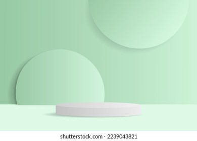 3D abstract studio with a podium on a pedestal. A pastel-green geometric platform with a circular background overlap. A modern minimalistic stage for the demonstration of cosmetic products.