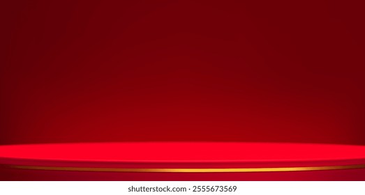 3d abstract studio room background. Red empty gradient backdrop. Product minimal interior mockup. Scene for product presentation. Christmas mockup. Vector illustration.