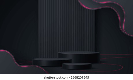 Sala de estudio abstracto 3D con podio geométrico negro y fondo de rectángulo rojo. Escenario de pedestal de lujo para la presentación del producto, exhibición cosmética, ceremonia de premiación