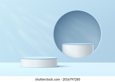 3D abstract studio room with pastel pedestal podium. White and blue geometric platform in circle window with lighting. Minimal scene for demonstration of cosmetic products. Showcase, Display case.