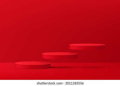 3D abstract studio room with pedestal podium. Dark red steps geometric platform floating on air with shadow. Modern minimal scene for demonstration of cosmetic products. Showcase, Promotion display