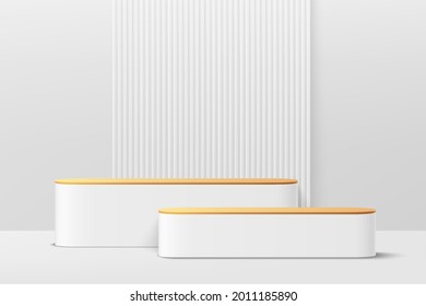 3D abstract studio room with pedestal podium. White and gold geometric platform with vertical lines backdrop. Luxury scene for demonstration of cosmetic products. Showcase, Promotion display case.