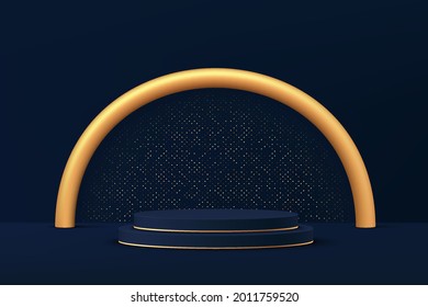 3D Abstract Studio Room With Pedestal Podium. Dark Blue And Gold Geometric Platform With Round Tube And Glitter Background. Luxury Scene For Demonstration Of Cosmetic Products. Showcase, Display Case