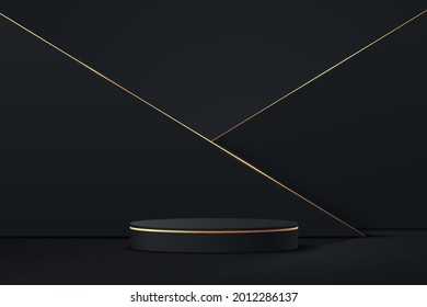 3D abstract studio room with pedestal podium. black geometric platform with black and golden layers triangles backdrop. Luxury scene for demonstration of cosmetic products, Showcase, Promotion display