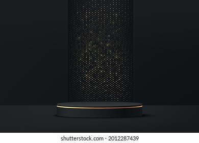 3D abstract studio room with pedestal podium. black geometric platform with golden glitter in rectangle shape backdrop. Luxury scene for demonstration of cosmetic products, Showcase, Promotion display